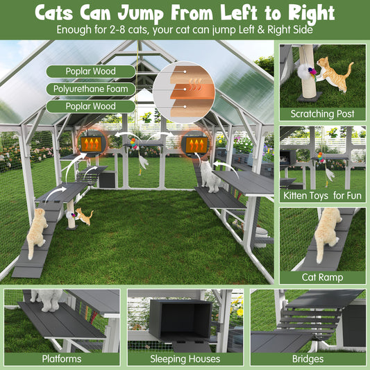 Large Outdoor Cat House With Planter Stand, Wooden Cat Enclosure With Resting Boxes For Multiple Kittens, Hanging Bridge, Platforms,Walk-In Catio Cage  With Waterproof Proof Cover, Grey And White