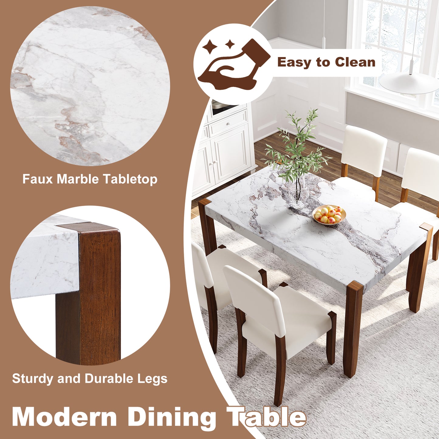 5-Piece Dining Table Set For 4, 46  Faux Marble Style Table And 4 Upholstered Chairs With Solid Rubberwood Legs, Padded Seat, Curved Backrest, Space-Saving Dinette Set For Dining Room, White-SQ000885