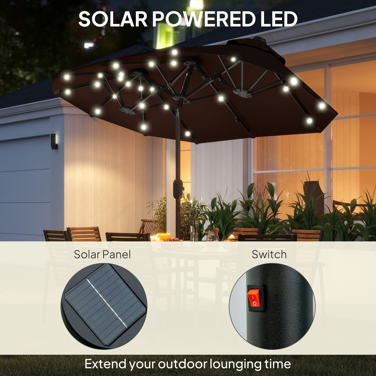 Double-sided Outdoor Patio Umbrella With Solar Lights And Base, Dining Table Umbrella Push Button Tilt, Coffee