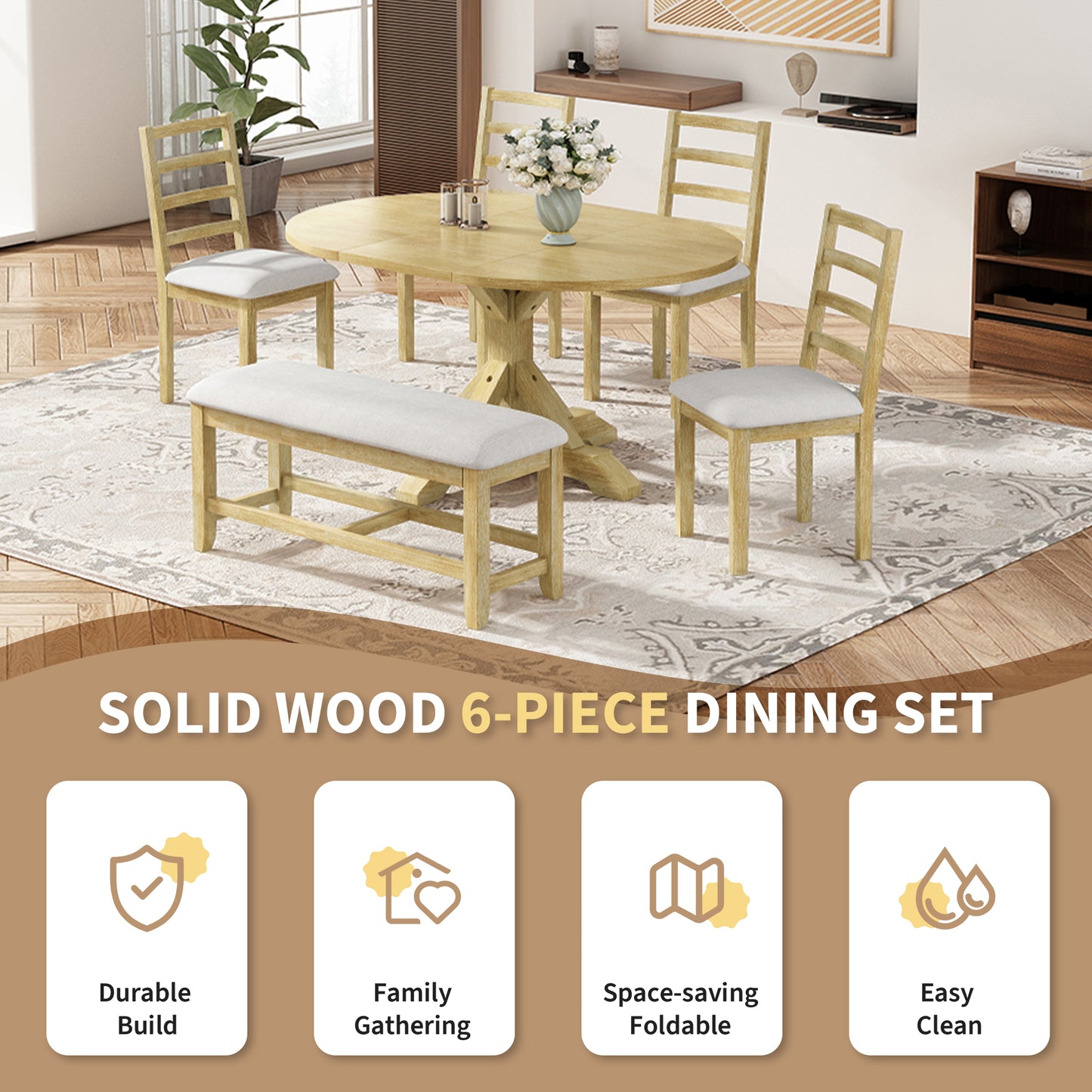 TOPMAX Farmhouse 6-Piece 60inch Extendable Pedestal Dining Table Set With 18inch Removable Leaf, 44inch Bench And 4 Ladder Back Dining Chairs, Natural Beige OLD