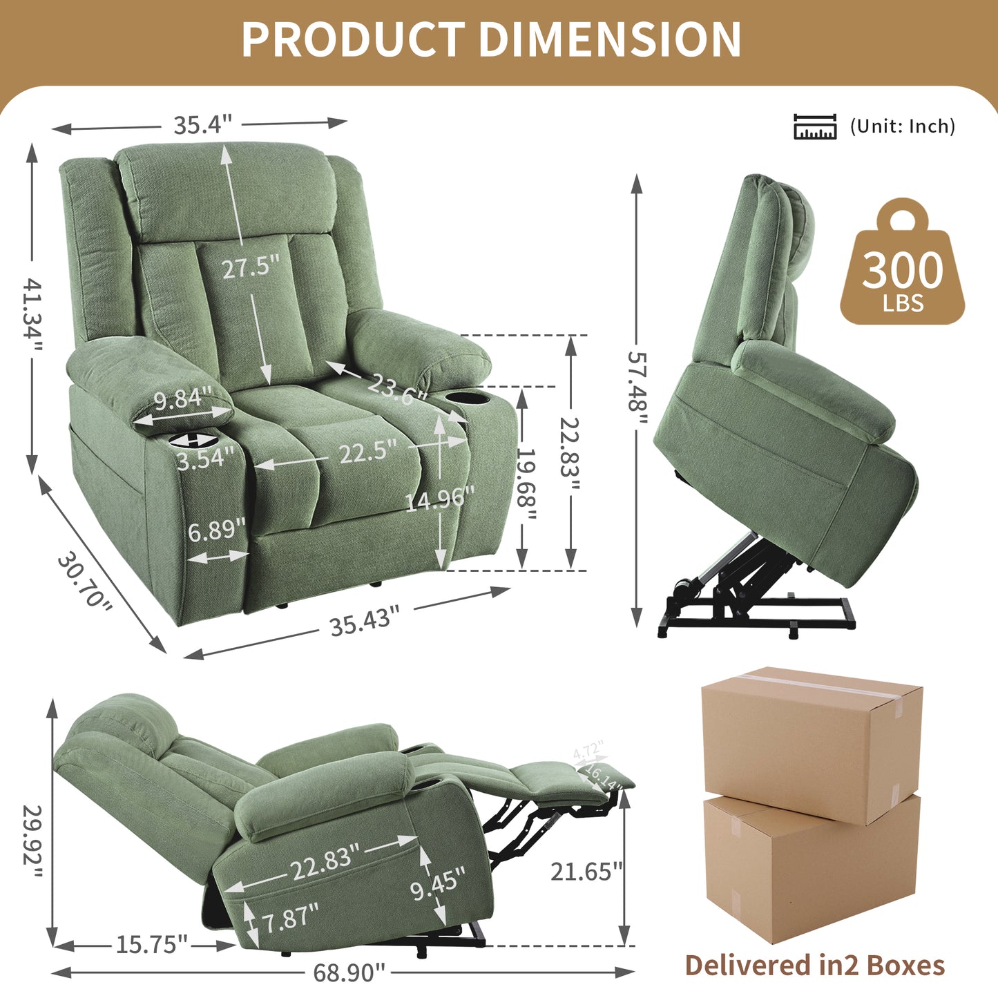 Power Lift Recliner Chair For Elderly,Fabric Lift Chairs For Living Room W Extended Footrest,Classic Single Sofa,Home Theater Seating With 2 Cup Holders,Side Pockets,Remote Control Dark Green