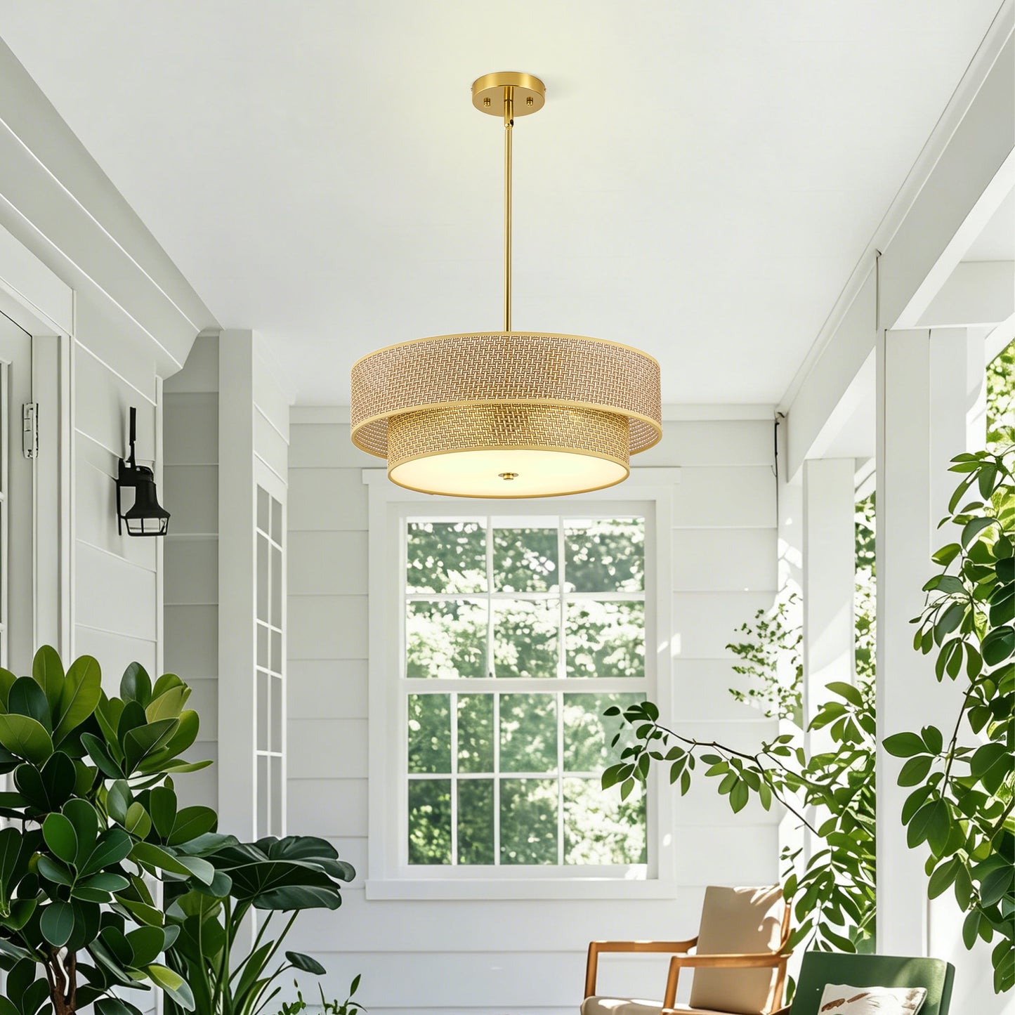 17.7 Inch Woven Rattan Linen Semi Flush Mount Ceiling Light Fixture, Modern Boho Drum Lamp For Bedroom, Kitchen, Dining Room, Living Room, Hallway, Entryway, Farmhouse Gold Wicker Chandelier