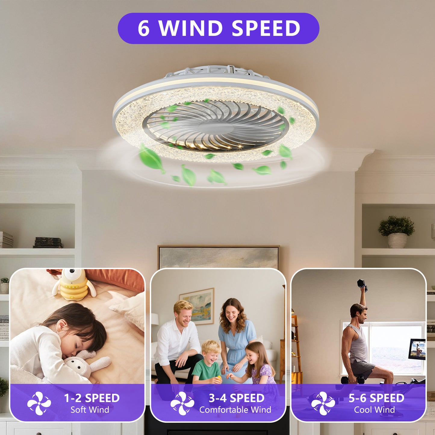23 Inch Led Enclosed Ceiling Fans With Lights, RGB Bladeless Modern Ceiling Fan Low Profile For Living Room 23 Inch
