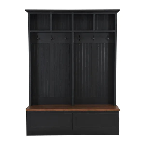 Farmhouse 4-in-1 Hall Tree With Wood Grain Bench, Mudroom Versatile Coat Rack With 2 Large Drawer, Entrance Organizer For Hallway, Living Room, Black, 55.9'W