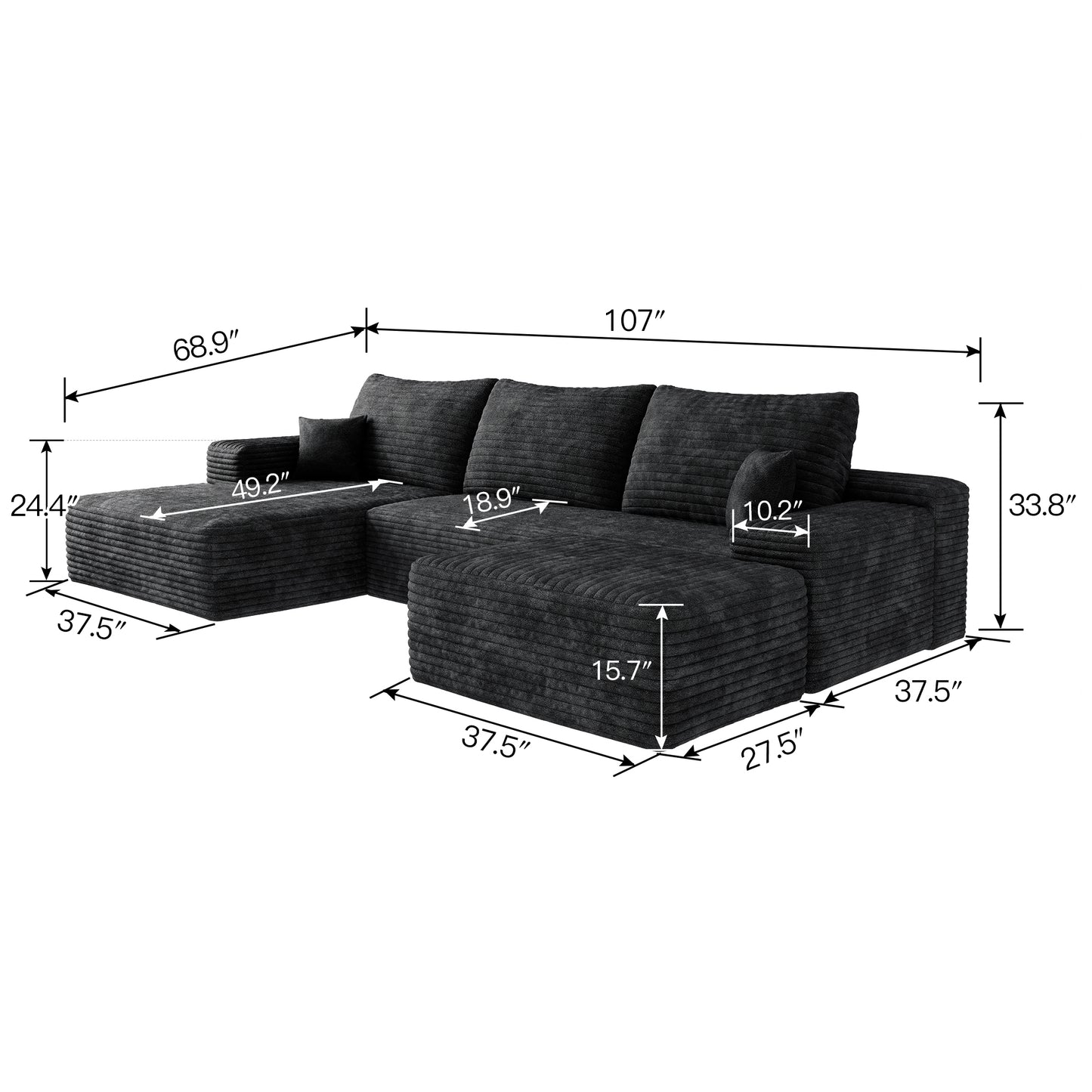 107 Cloud Sectional Sofa With 1 Ottoman,Modern Minimalist Upholstered Couches,Comfort U Shaped Sofa For Living Room,Deep Seat Corner Couch,No Assembly Required  Plush Corduroy Fabric ,Black