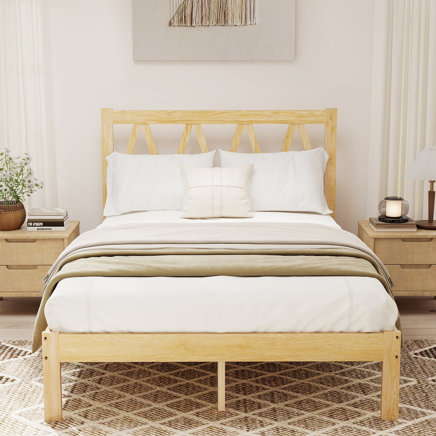 Wood Platform Bed Frame With Headboard Solid Wood Foundation With Heavy Duty Slat Support No Box Spring Needed Easy Assembly Rubber Wood Full Size
