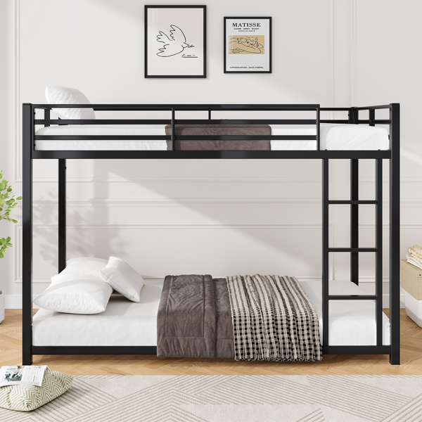 Twin Over Twin Metal Bunk Bed, Low Bunk Bed With Ladder, Bed Frame,Black, Sturdy Steel Construction, Safe Design, Easy Assembly, 250lb Upper Bed Capacity, 350lb Lower Bed Capacity