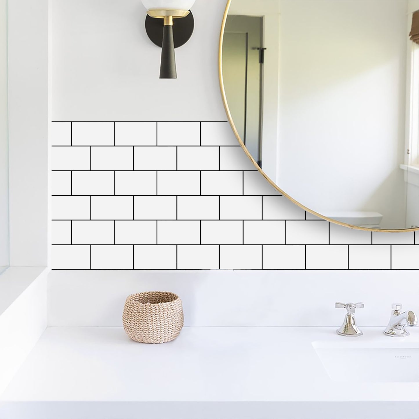 White Black Seam Peel And Stick Splashback Kitchen Glossy PVC Splashback Bathroom Wall Sticker, Removable