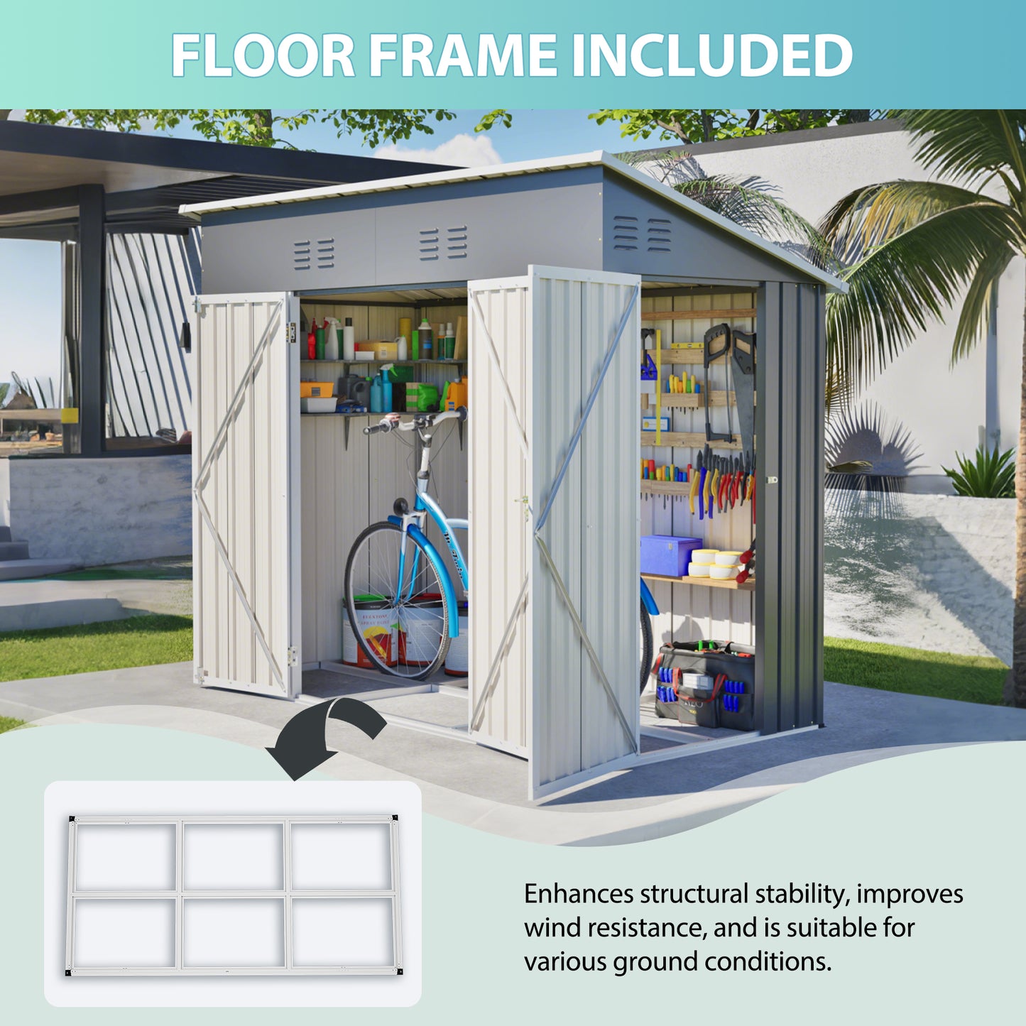 4x8 Slope-Roof Reinforced Storage Shed With Weatherproof Sloping Roof & 4 Air Vents, Heavy-Duty Sturdy Metal Frame, Left Right Optional Door, Outdoor Tool Shed Warehouse For Garden Storage Pet House