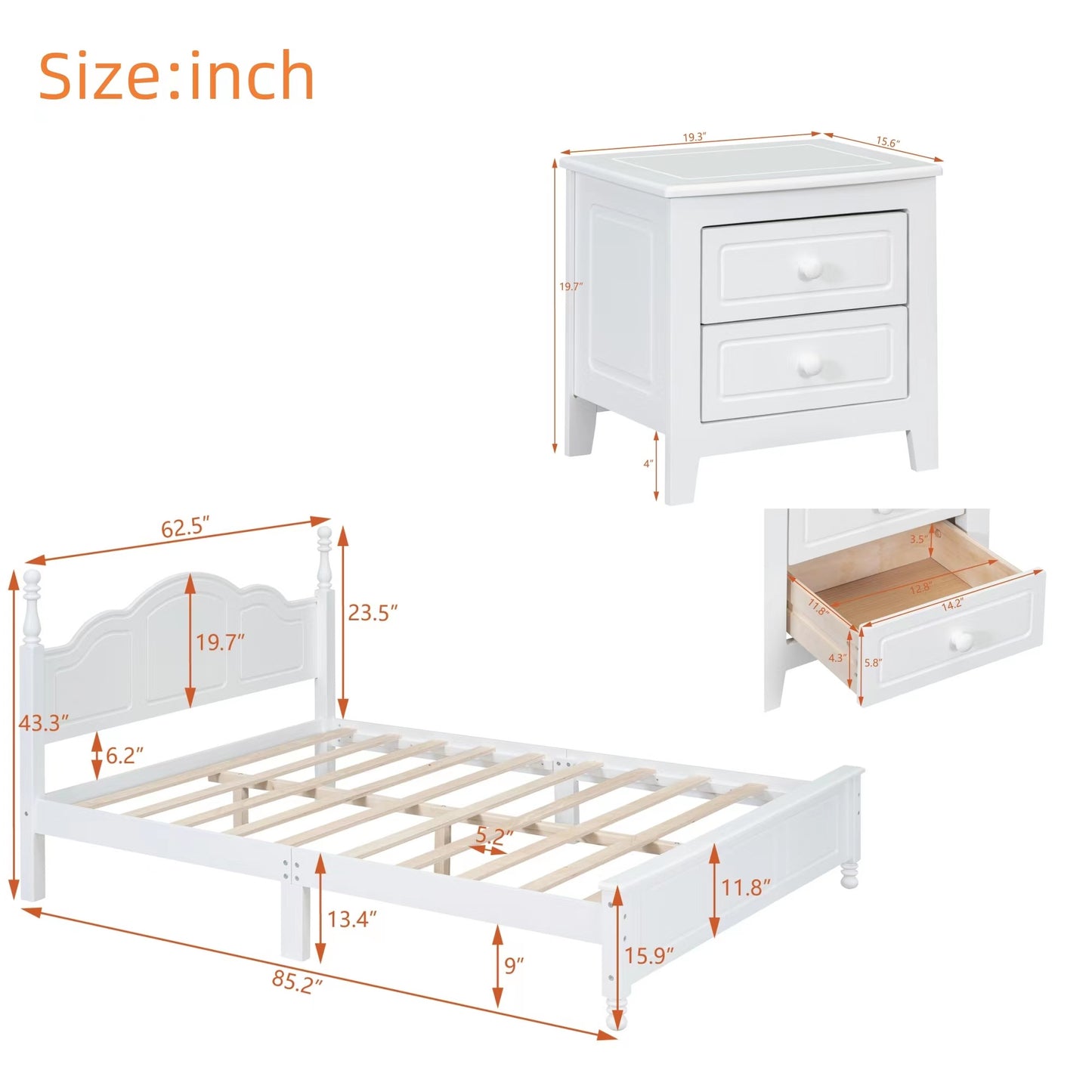 3-Pieces Bedroom Sets,Queen Size Wood Platform Bed  And Two Nightstands-White