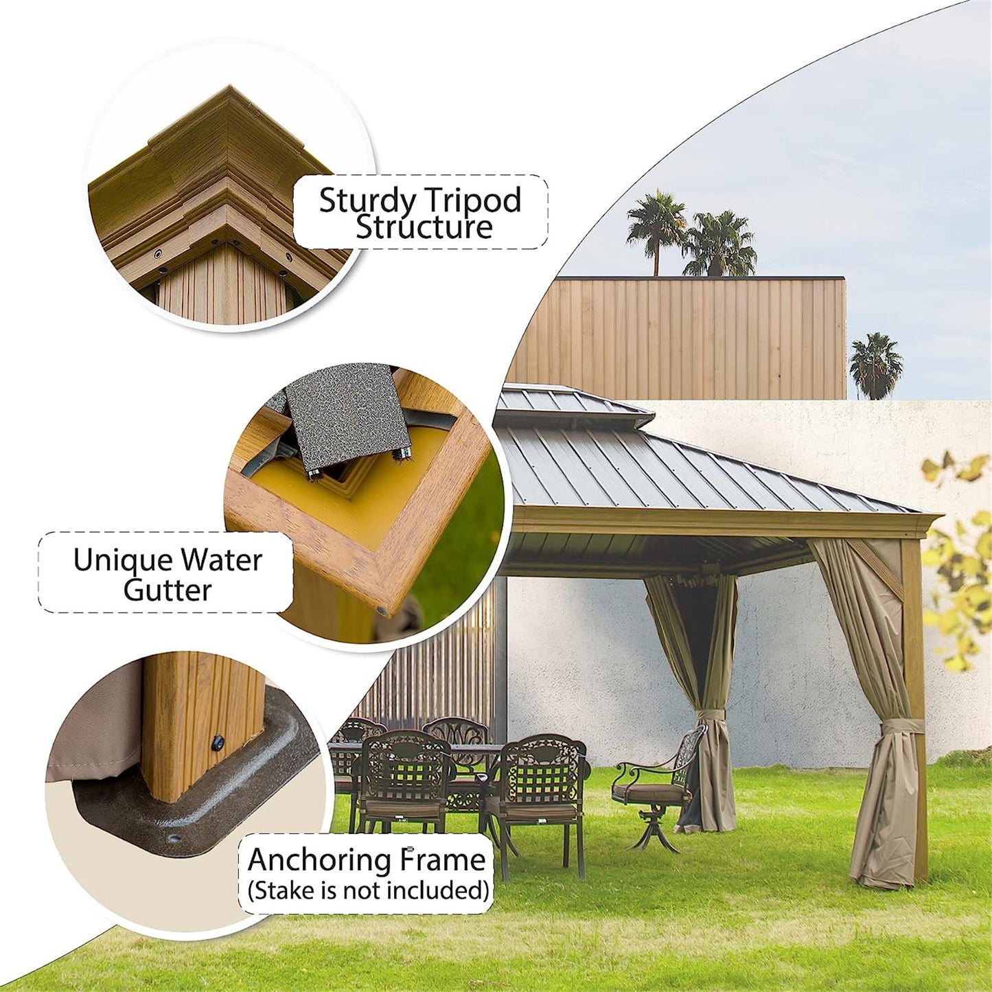 12 X14  Hardtop Gazebo, Wooden Coated Aluminum Frame Canopy With Galvanized Steel Double Roof, Outdoor Permanent Metal Pavilion With Curtains And Netting For Patio, Deck And Lawn Wood-Looking