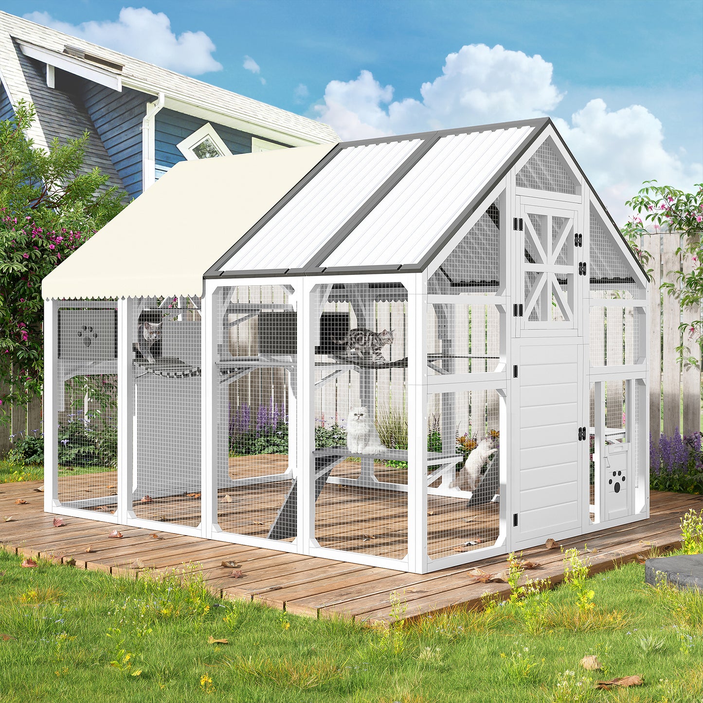 Extra Large Catio Outdoor Cat Enclosure, Walk-in Outdoor Pet House For Multiple Cats, Catio Cat Run Cage With Bridges, PVC Roof, Weatherproof  Cover, 8 Platforms, 2 Resting Box, White And Grey