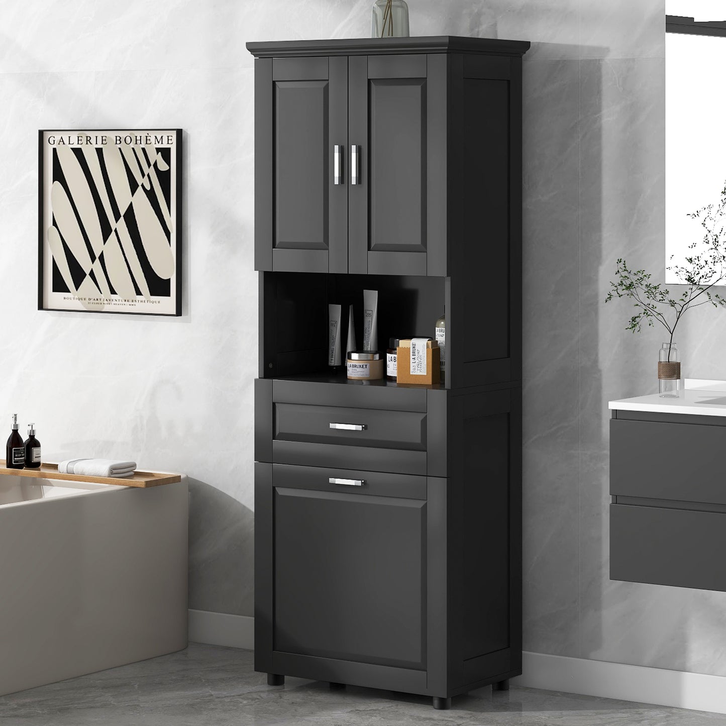 Tall Bathroom Cabinet With Laundry Basket, Large Storage Space Tilt-Out Laundry Hamper And Upper Storage Cabinet, Black