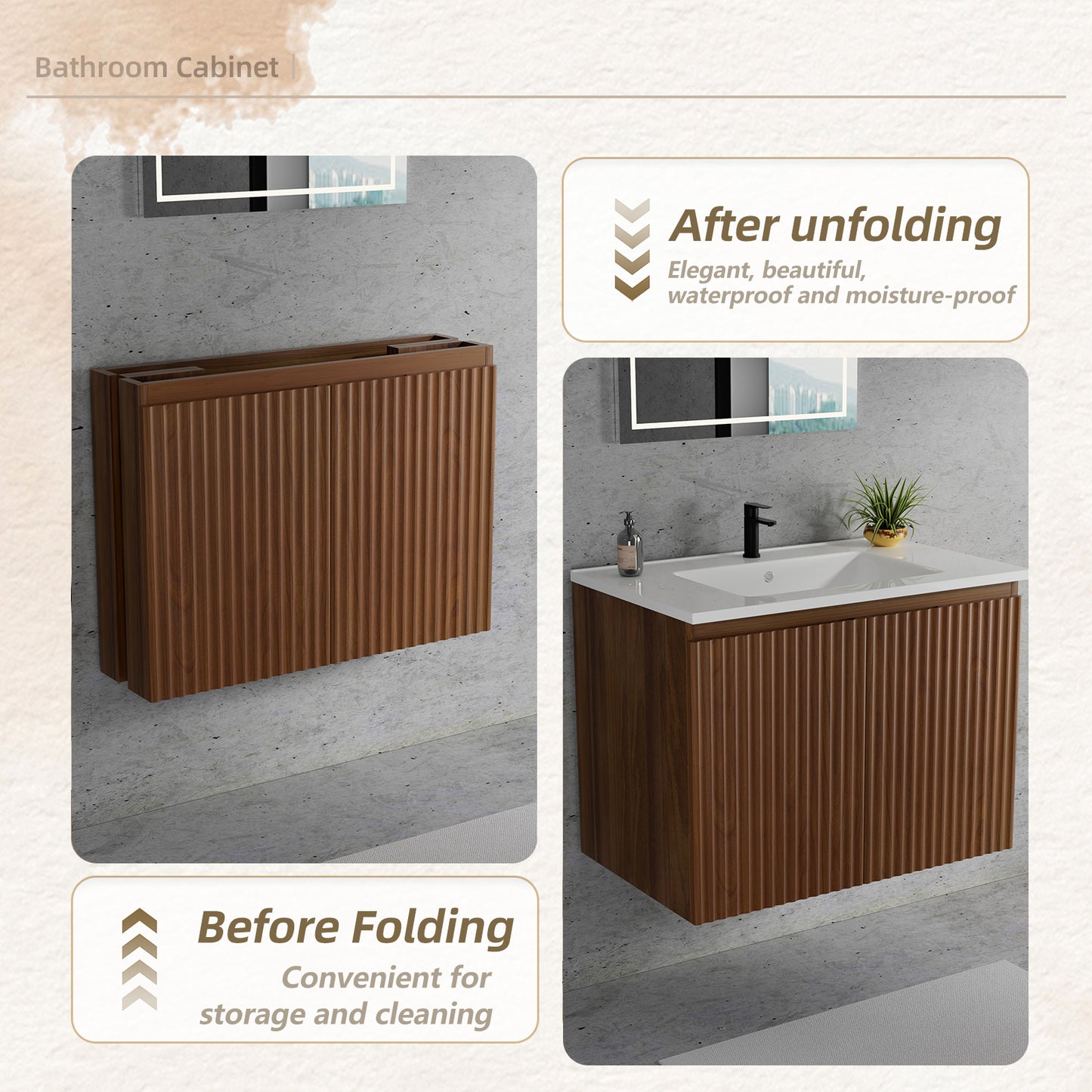30inch Walnut Folding Wall Cabinet With Creamic Sink- Patented 1-Minute Install  Space-Saving & Easy Assemble Modern Style