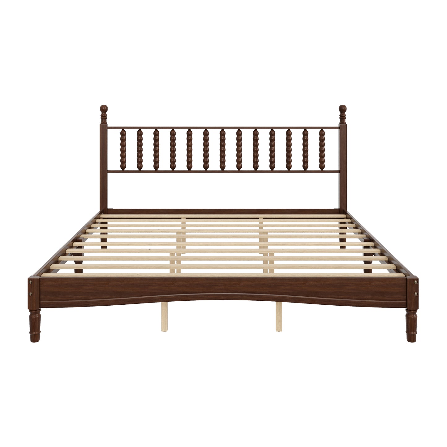 King Size Wood Platform Bed With Gourd Shaped Headboard,Retro Style Platform Bed With Wooden Slat Support,Walnut