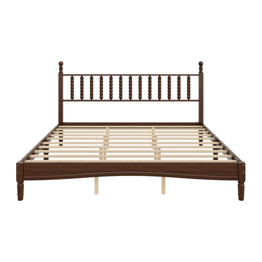 King Size Wood Platform Bed With Gourd Shaped Headboard,Retro Style Platform Bed With Wooden Slat Support,Walnut