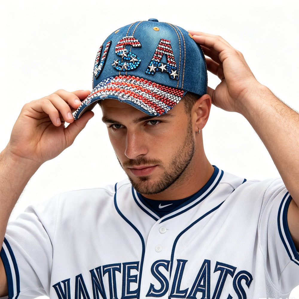 World Cup USA Bling Baseball Cap ,Rhinestone Denim Fan Hat,navy Blue
