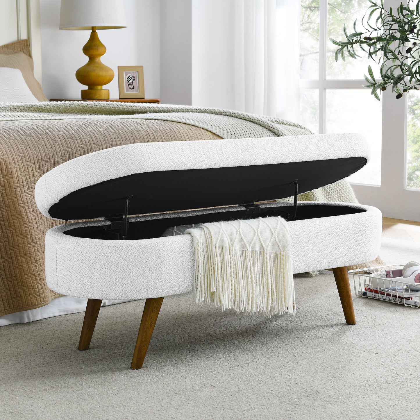 Ottoman Oval Storage Bench,Rubber Wood Legs,White 43.5x16x16
