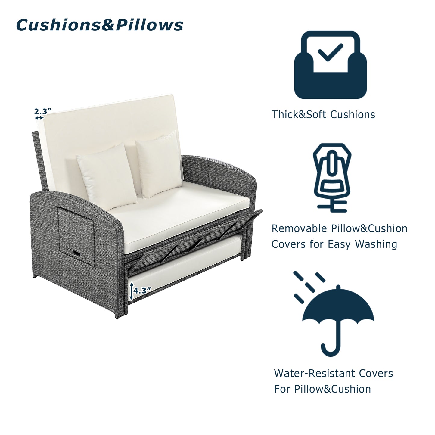 TOPMAX PE Wicker Rattan Double Chaise Lounge, 2-Person Reclining Daybed With Adjustable Back And Cushions, Free Furniture Protection Cover, White
