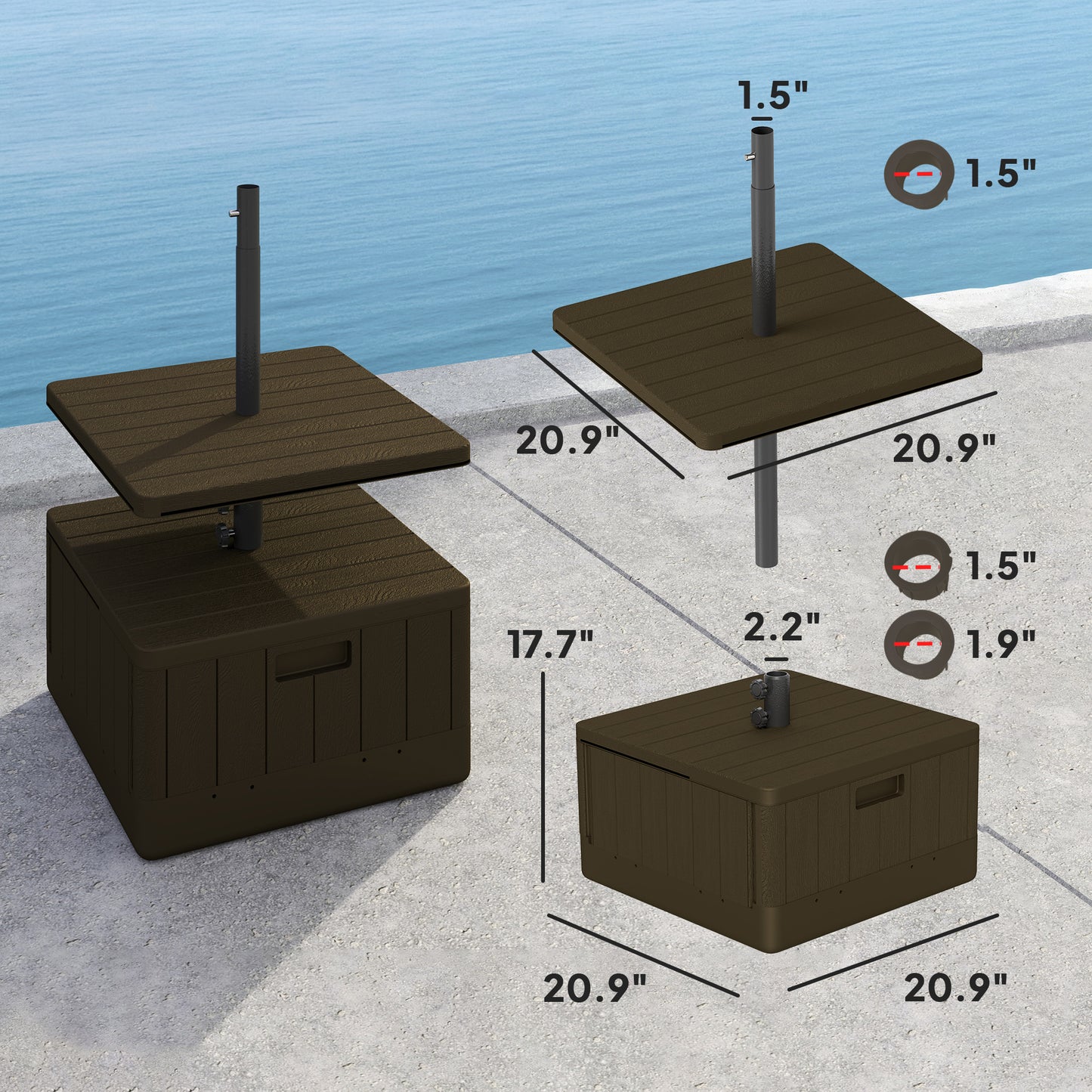 3-in-1 Outdoor Umbrella Base With Table Tray, Coffee End Table, Planter Box With Drain Hole, 175 Lbs. Capacity Heavy Duty Fillable Patio Umbrella Stand Table With Wheels And Handles, Brown