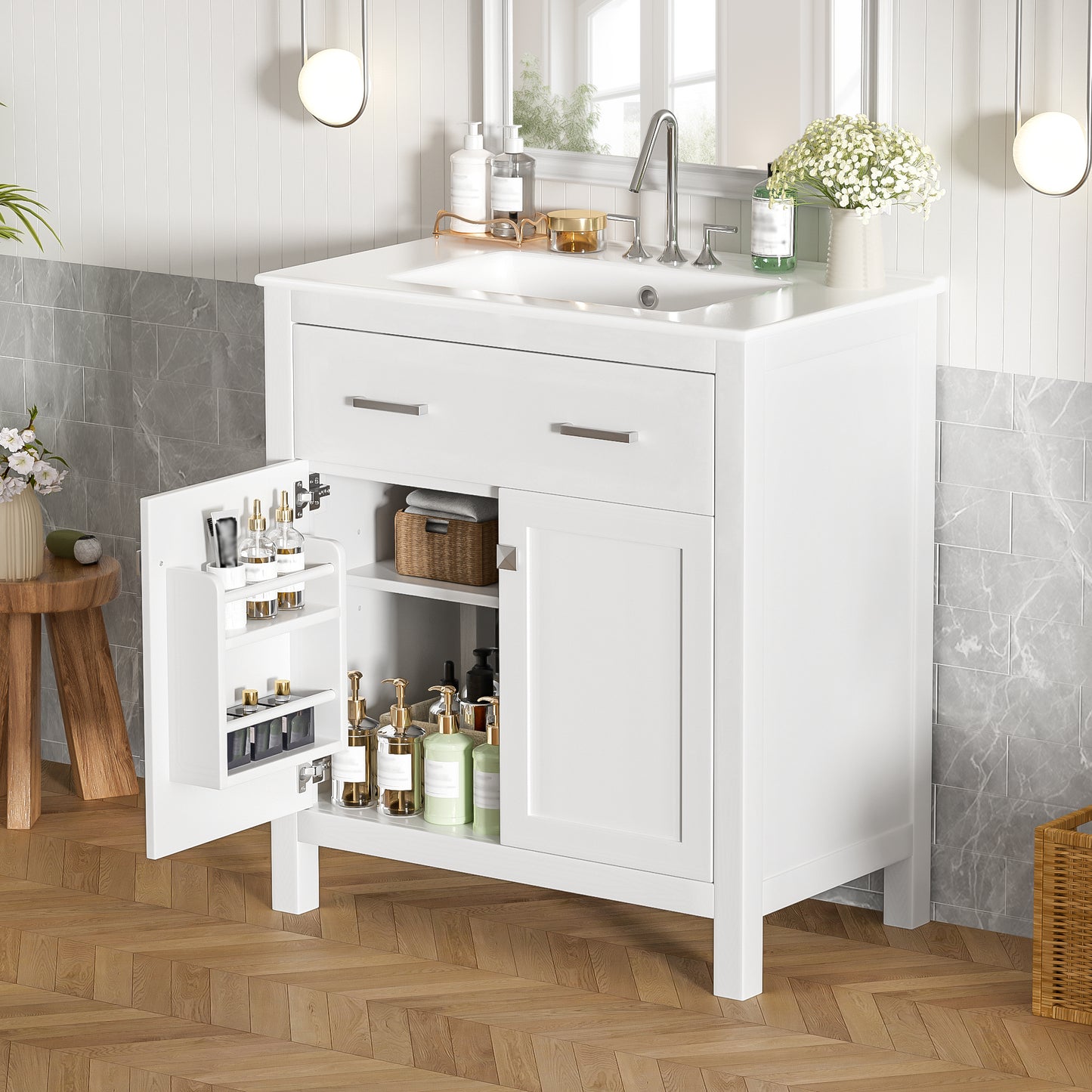30-inch Bathroom Vanity With Ceramic Sink, Modern White Single Bathroom Cabinet With 2 Doors And A Shelf, Soft Close Doors