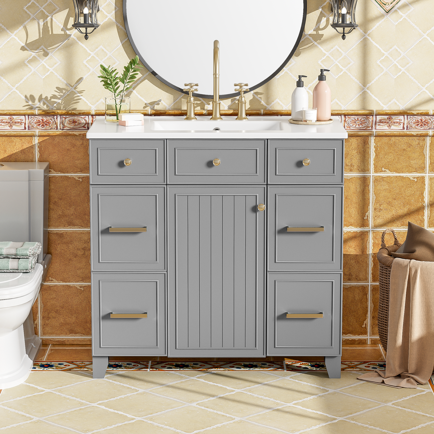36  Bathroom Vanity With Ceramic Sink, Grey, Solid Wood Frame, Soft Close Doors, Adjustable Shelves, 3 Drawers, Including Double-Depth Drawer For Hairdryer Storage Old Sku SV000003AAL-1