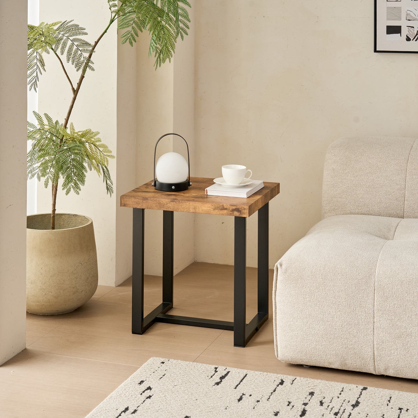 2 Pieces Small Tea Table,Walnut Night Stand,MDF SideTable,  Sofa Table With Metal Leg