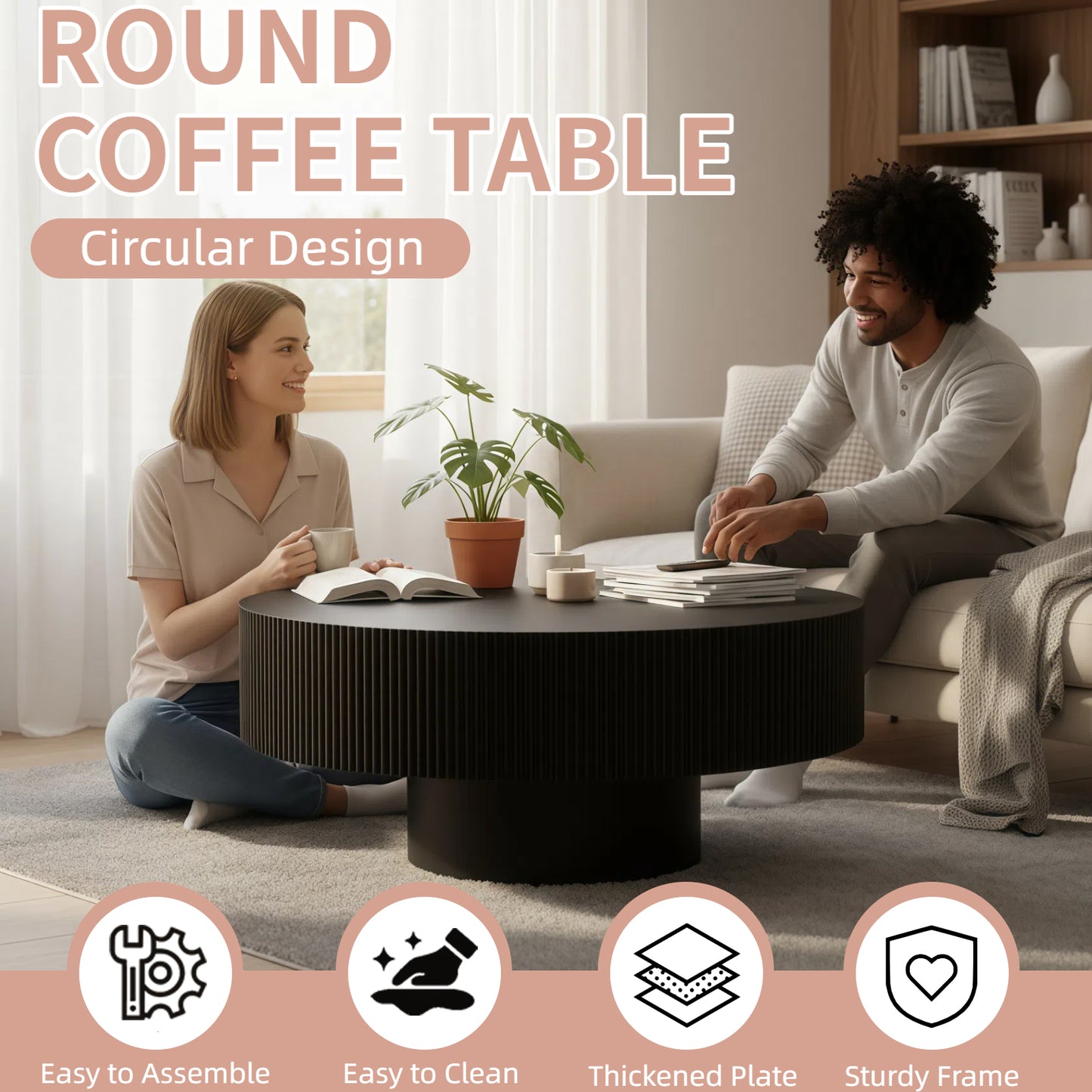 Round Coffee Table, Fluted Coffee Table With Sturdy Pedestal, Mid Century Modern Coffee Table For Living Room, Bedroom, Terrace, Office, Small Space  Black Round Thick