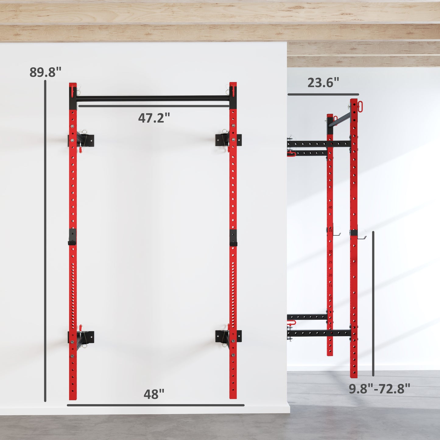 Folding Squat Rack With Pull Up Bar, Wall Mounted And Adjustable, 1000 Pounds Capacity Power Rack, Red