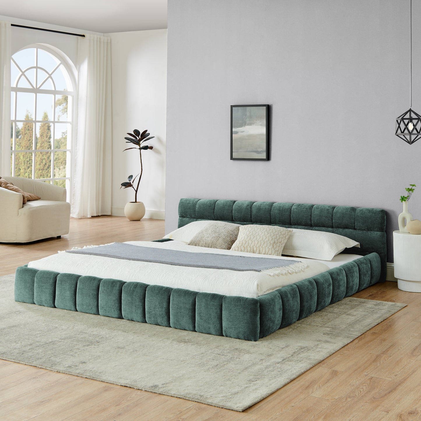 King Size  Upholstered Bed Frame With Thick Fabric, Chenille Fabric Grounded King Size Platform Bed With Headboard And Solid Frame. No Box Spring Needed-green88.5 X85.5 X24