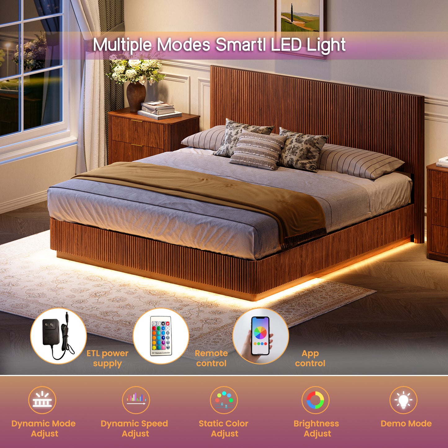Kind Size Bed Frame With LED Lights, Modern Wooden Corrugated Curved Lines, Convex Groove Board Design, Walnut.