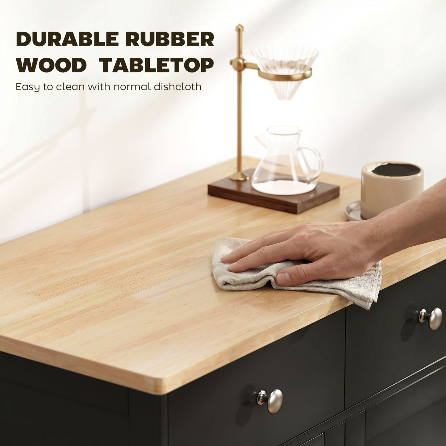 Kitchen Storage Cabinet, Sideboard Floor Cupboard With Solid Wood Top, Adjustable Shelf, And 2 Drawers, Black