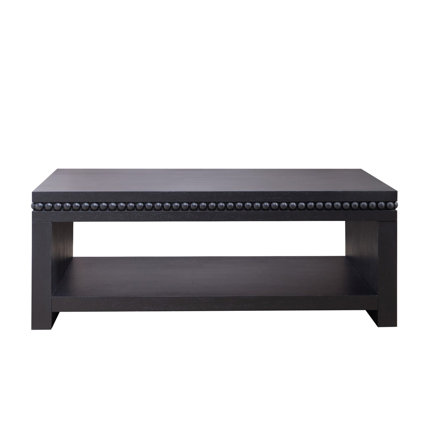 Modern Black Coffee Table With Beaded Trim  47  Rectangular Coffee Table With Open Storage Shelf, Solid Black Finish  Contemporary Living Room Accent Furniture