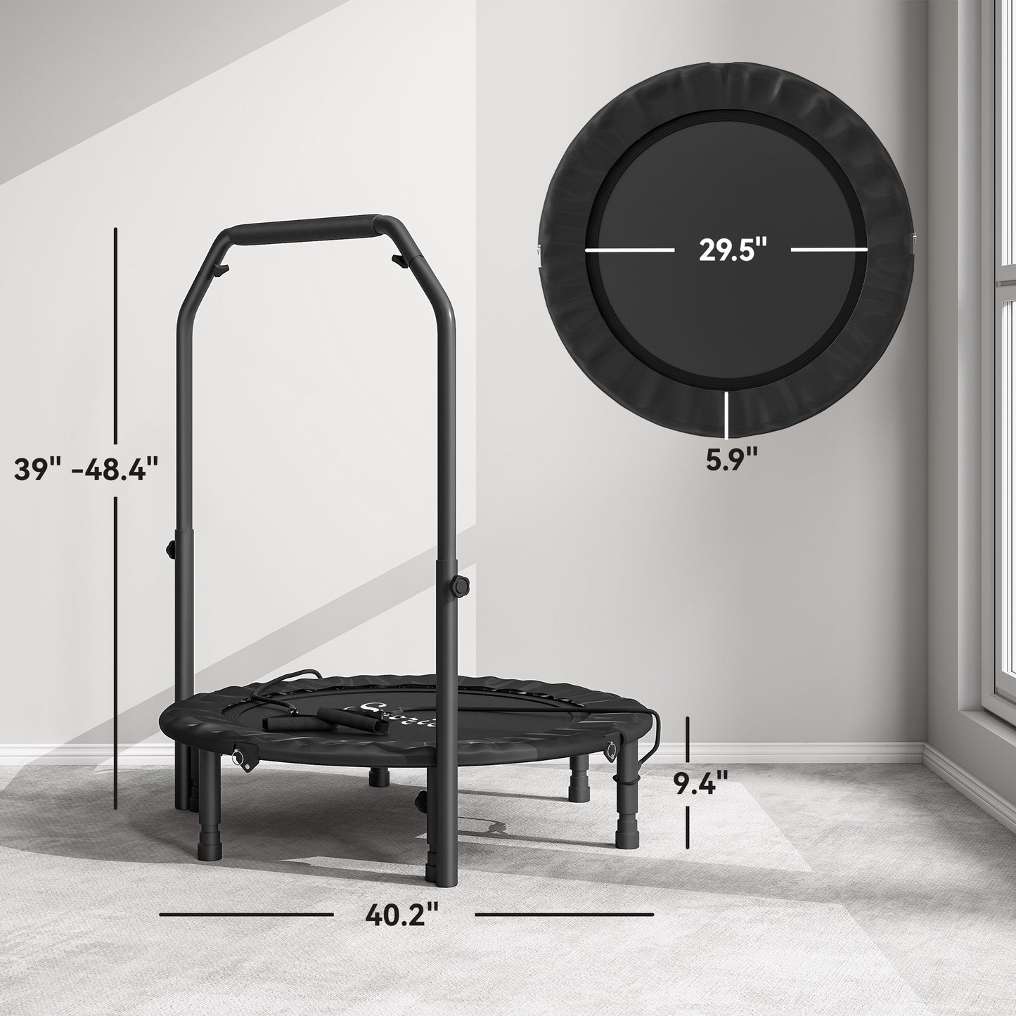 40" Foldable Mini Trampoline, Rebounder Trampoline For Adults With Adjustable Foam Handle, Black
