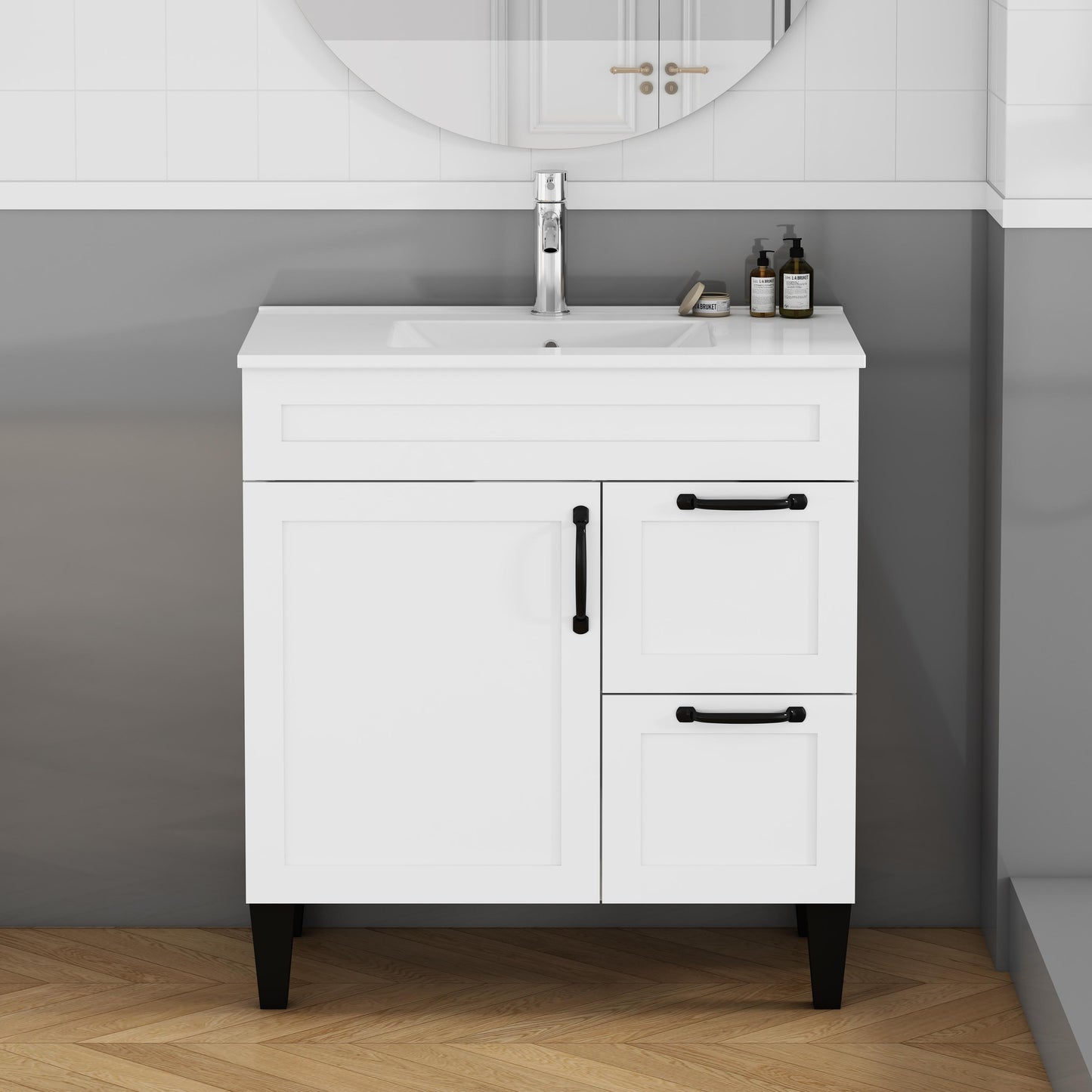31.5-inch Bathroom Vanity With Sink Combo,Cabinet With 1 Doors And 2 Drawer,Black Metal Handle,Black Feet,Soft Close Hinge,Mordern Bathroom Cabinet,Ceramic Basin,Easy Assemble,White