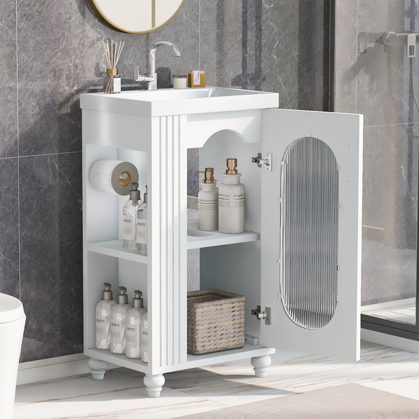 20  Bathroom Vanity With Sink, Bathroom Vanity Cabinet With Two-tier Shelf, Adjustable Shelf, Solid Wood And MDF, White Old Sku N725P246925K