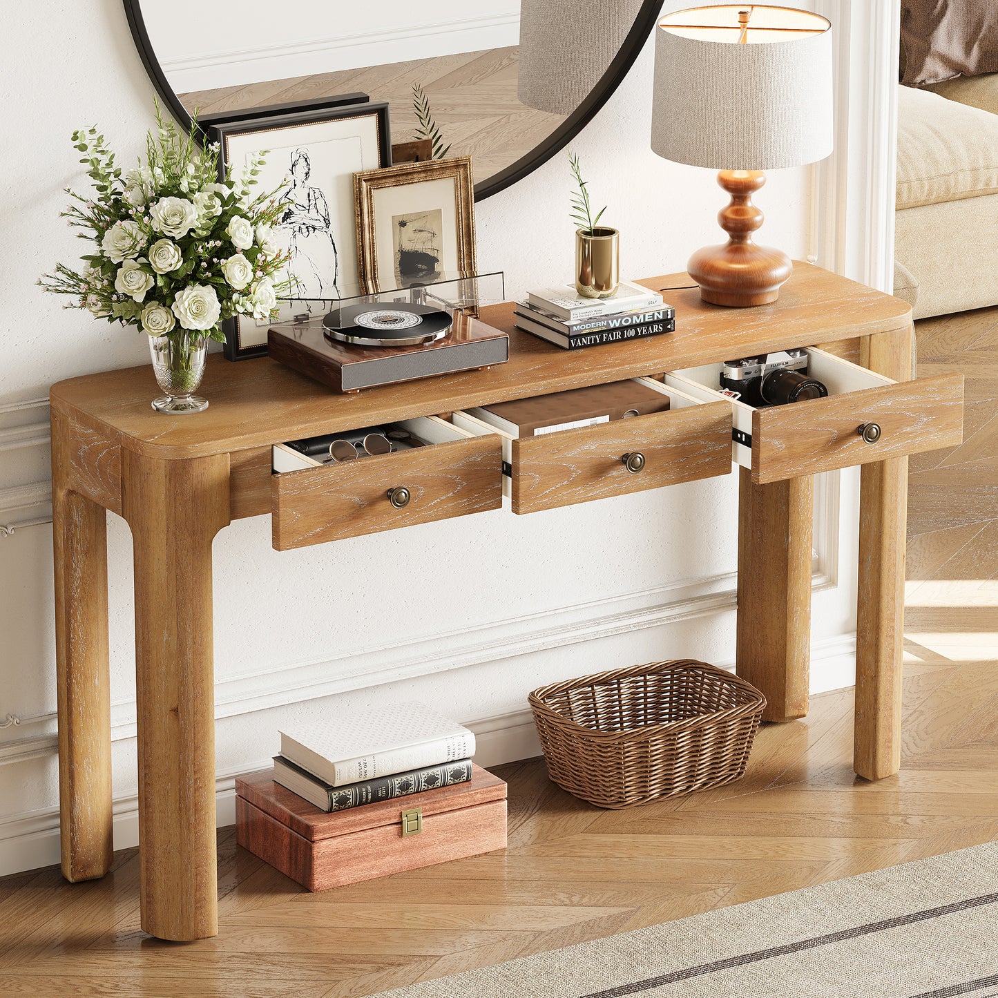 TREXM Rustic Console Table With Curved Corners For Safety  Entryway Table With 3 Concealed Drawers  Sturdy Sofa Table With Thick Legs For Hallway & Living Room  Natural