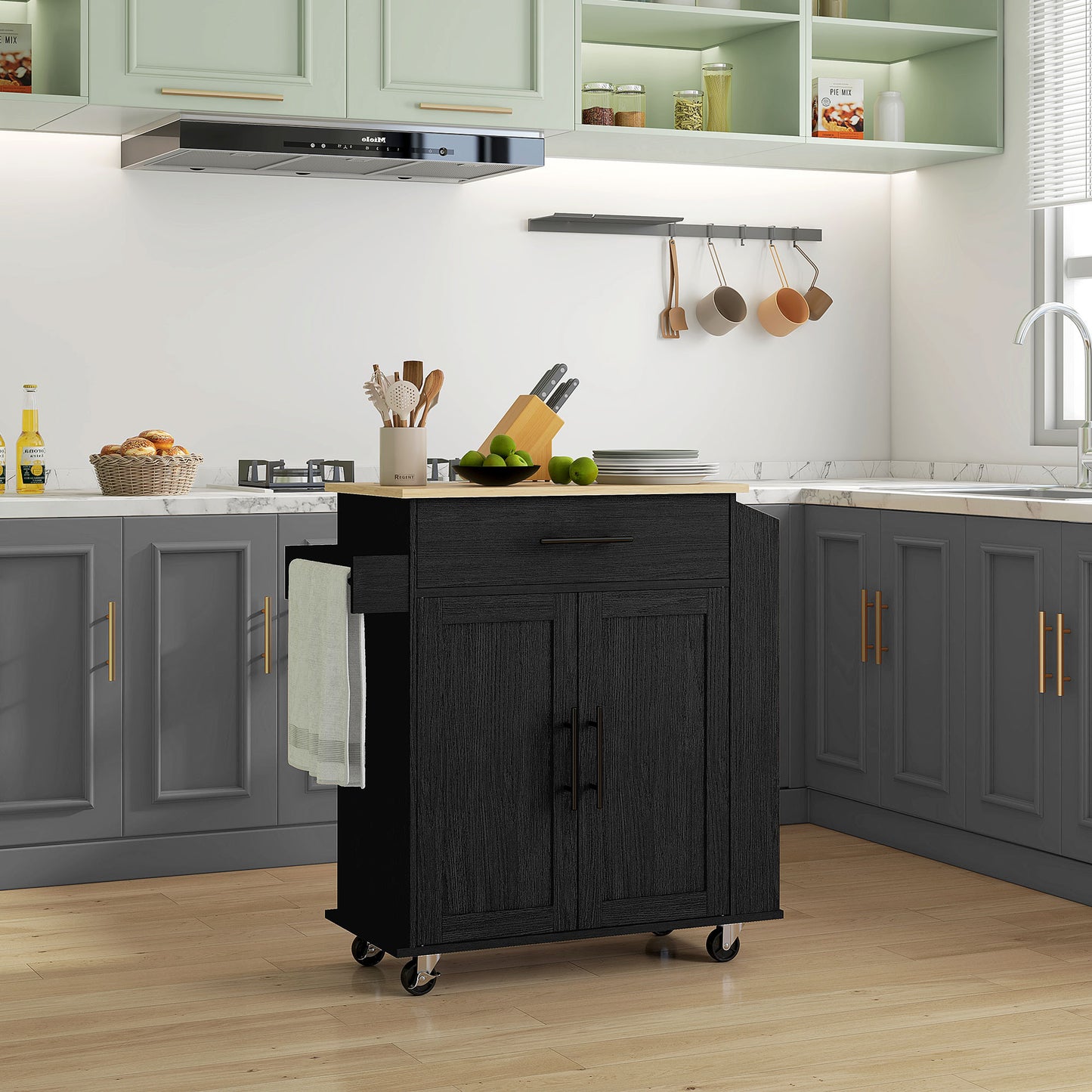 Rolling Island With Wheels For Kitchen, Kitchen Island On Rollers With Power Outlets, Drawer, And Doors, Black