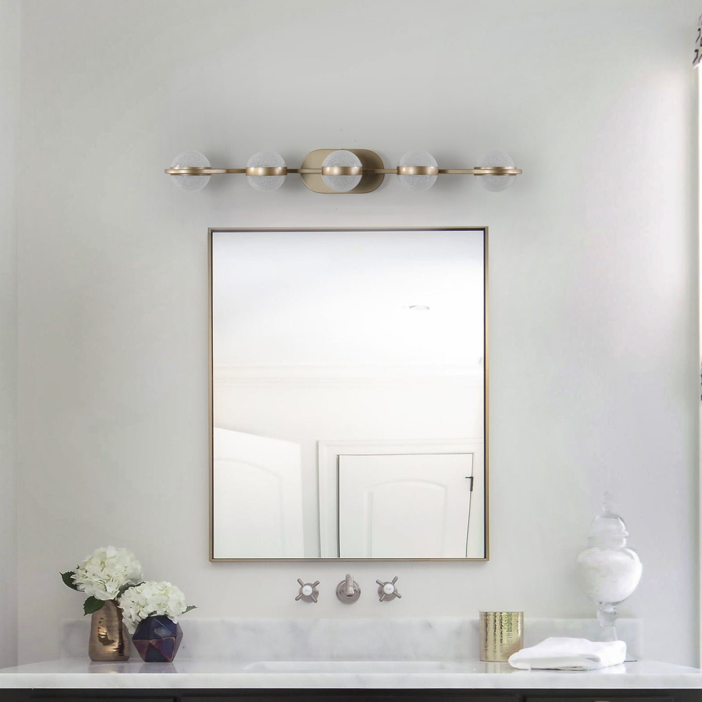 Bathroom Vanity Light, LED 5 Bulb Crystal Sand Acrylic Shades, Wall Mounted Decorative Lighting Fixture, Suitable For Bathroom Vanity Mirror  Champagne Gold
