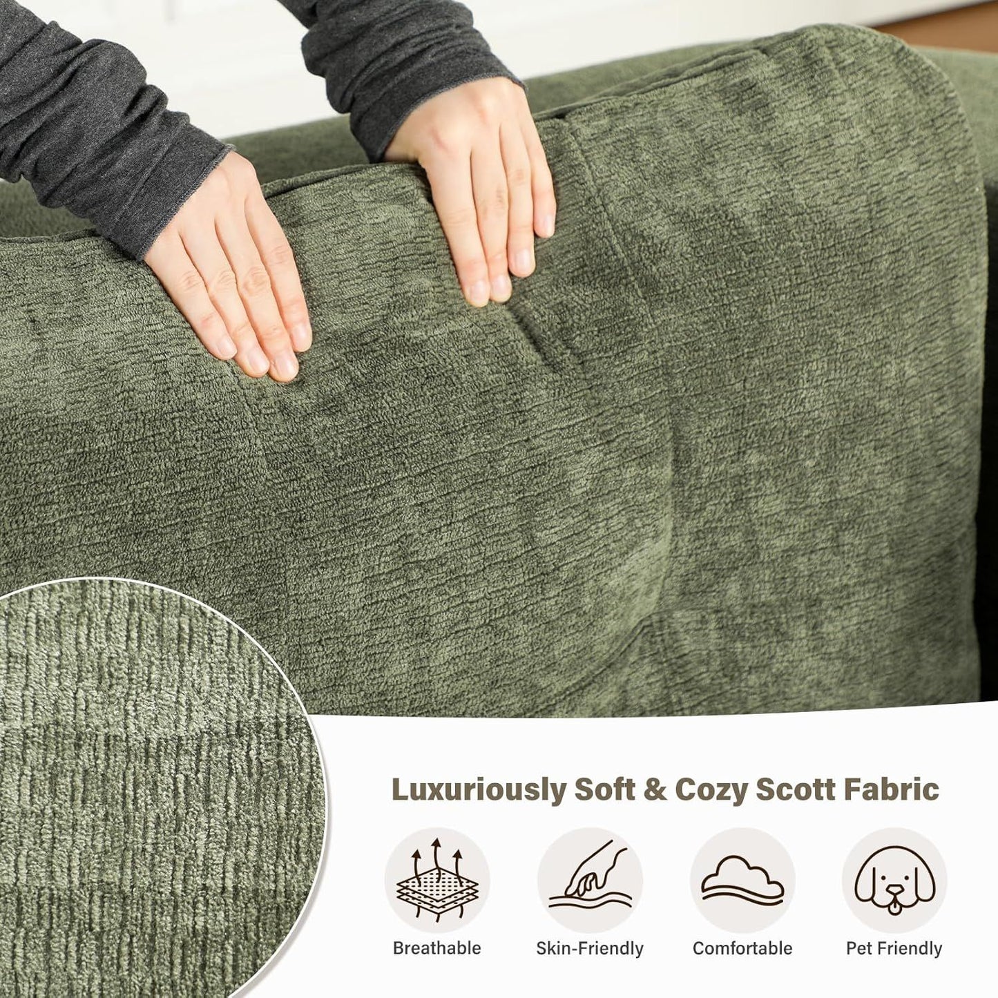 Convertible Sofa Bed With Blanket, Boneless Cloud Couch Queen  Fabric For Living Room Bedroom, Modular Loveseat With High-Density Solid Sponge No Assembly,Green.