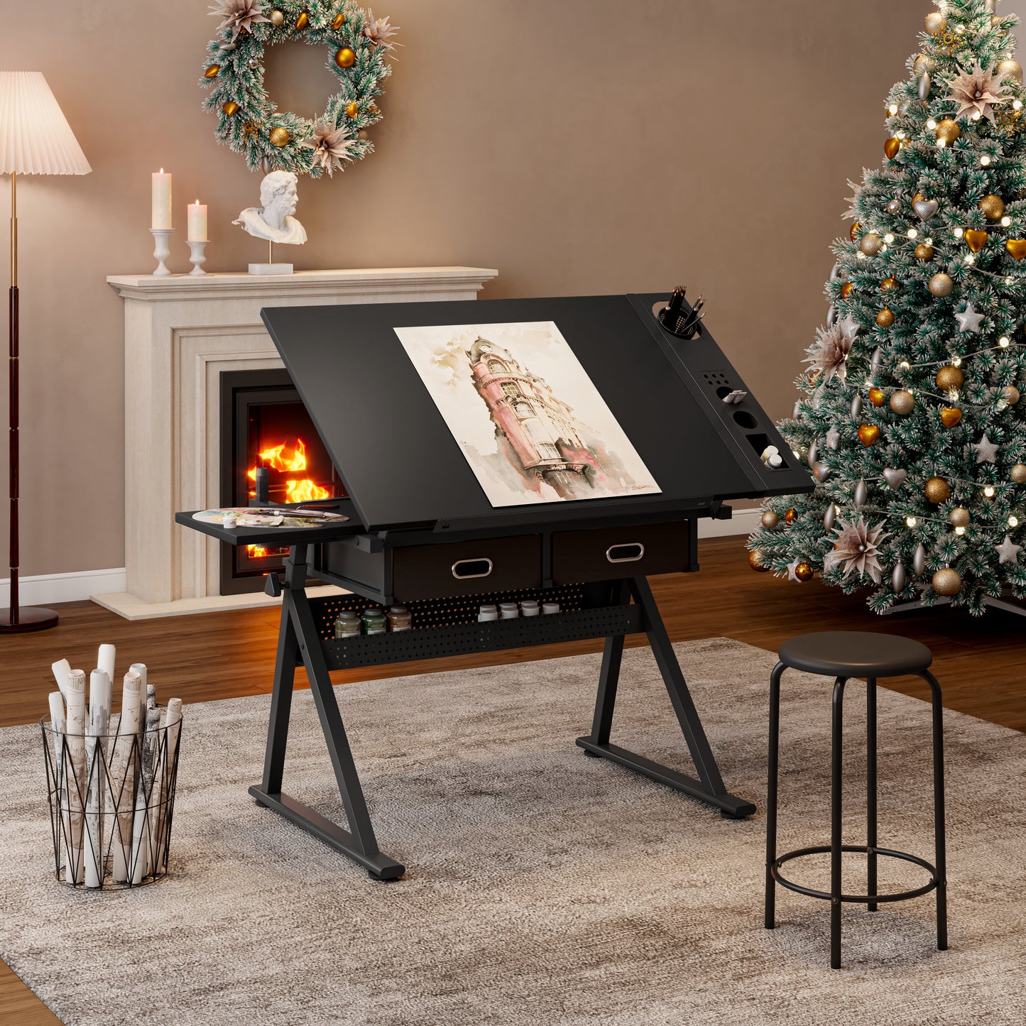 Adjustable Drawing Drafting Table Desk With 2 Drawers For Home Office And School With Stool Black