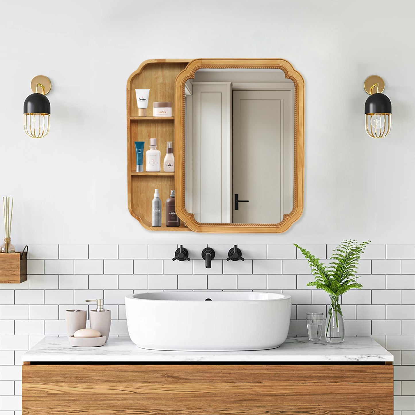 31.5  X 23.82  Wood Framed Wall - Mounted Mirror Cabinet With Storage Shelves, Medicine Mirror For Bathroom, Living Room, Entryway
