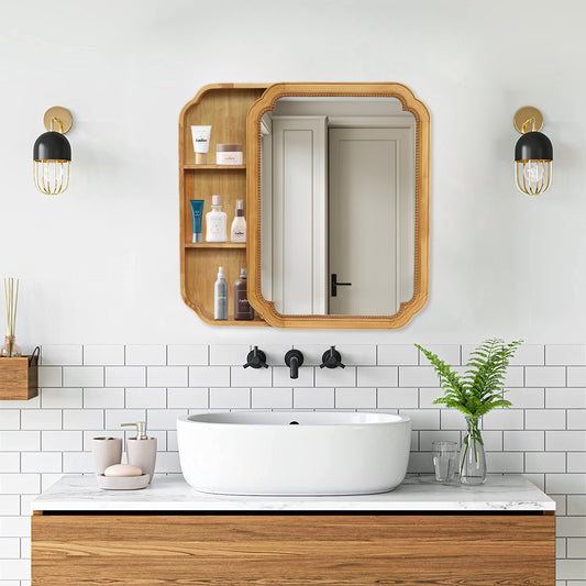 31.5  X 23.82  Wood Framed Wall - Mounted Mirror Cabinet With Storage Shelves, Medicine Mirror For Bathroom, Living Room, Entryway