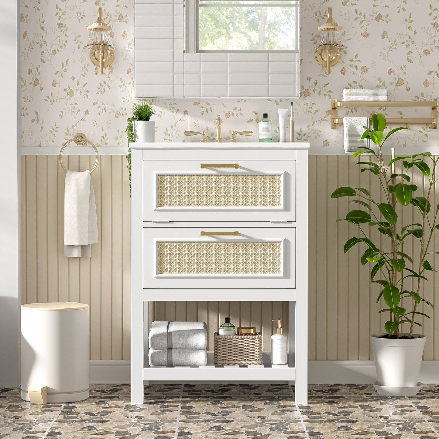 24   Bathroom Vanity With Integrated Ceramic Sink, Bathroom Cabinet With 1 Deep Drawer, 1 Tip-Out Drawer, Single Sink Bathroom Vanity For Small And Medium Restroom