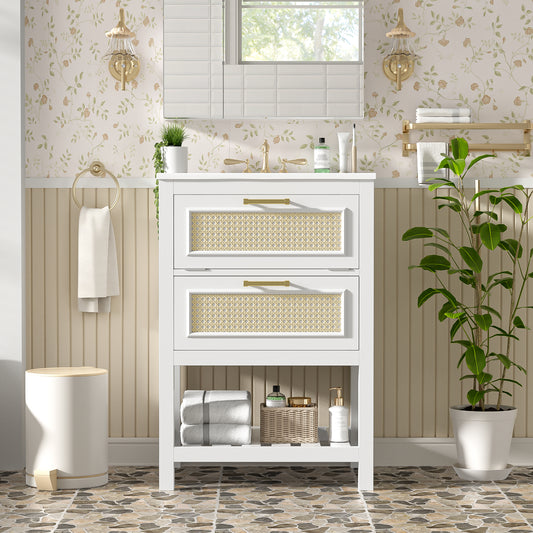 24   Bathroom Vanity With Integrated Ceramic Sink, Bathroom Cabinet With 1 Deep Drawer, 1 Tip-Out Drawer, Single Sink Bathroom Vanity For Small And Medium Restroom