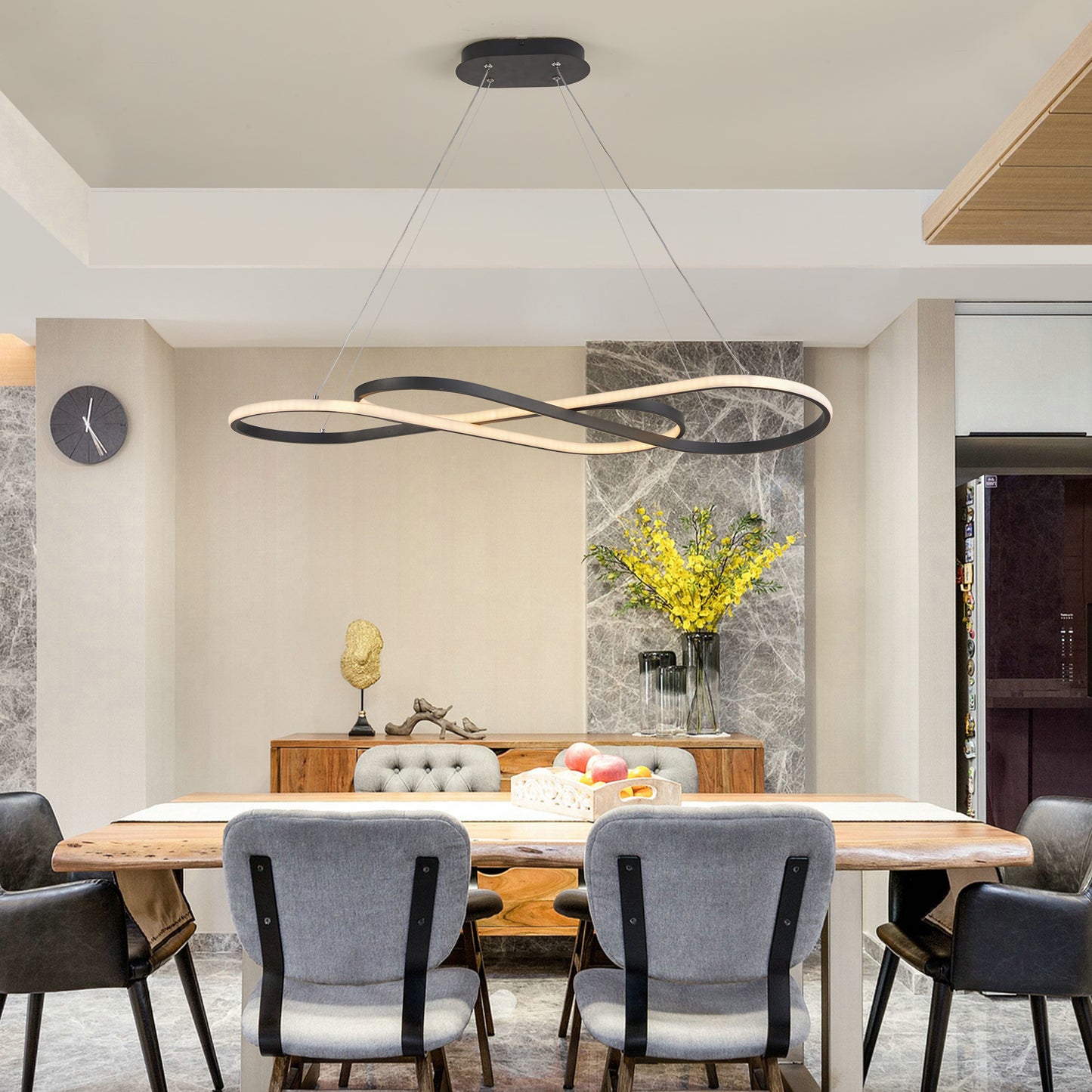 39 Modern LED Pendant Light, Infinity Design Hanging Ceiling Fixture, Adjustable Height, Dimmable For Living Room, Dining Room, Bedroom, Black Finish