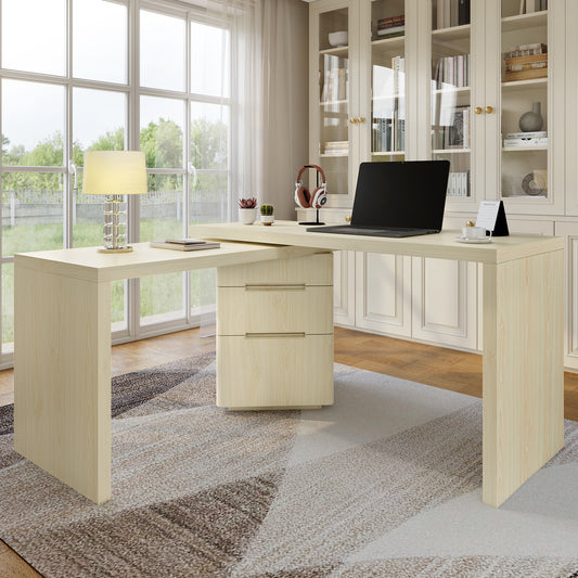 90 Modern L Shaped Desk In Natural Wood With 3 Drawers,360 Wood Rotating Desk,Executive Office Desk,Corner Desk,Office Study Workstation,for Home Office Or Living Room