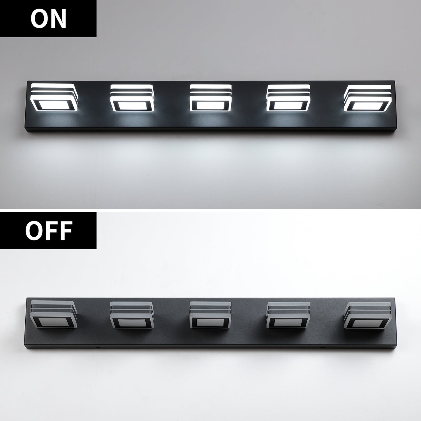 32in  Modern Black 5-Light LED Vanity Light, Square Acrylic Lampshades Wall Mount Fixture For Bathroom, Mirror Lighting