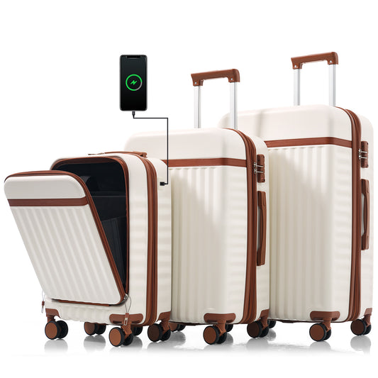 Luggage Set Of 3, 20inch With USB Port, Front Opening Design Airline Certified Carry On Luggage, ABS Hard Shell Luggage With Spinner Wheels,White And Brown