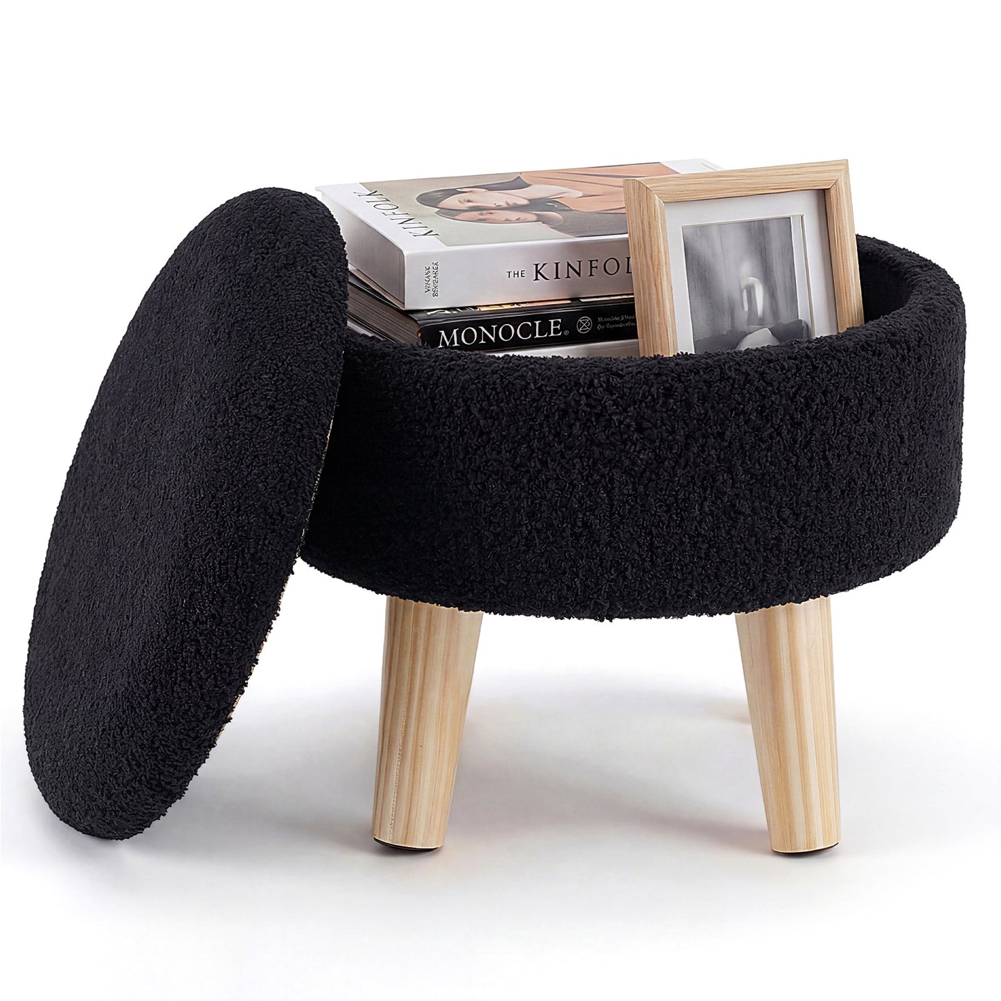 Round Storage Chair, Equipped With A Soft Cushioned Seat, Wooden-legged Footstool